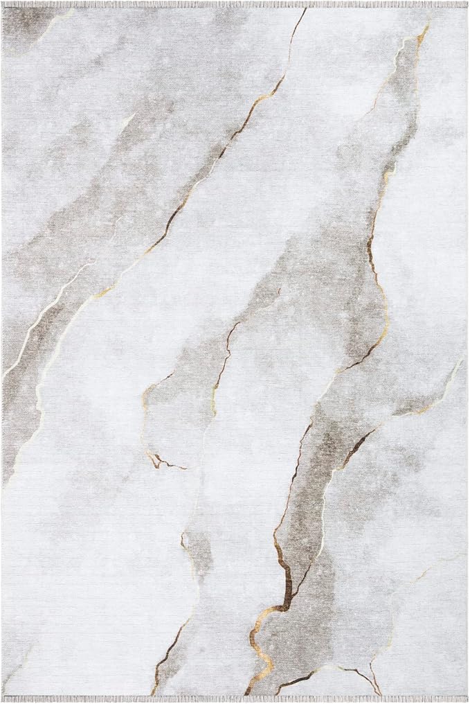 Bloom Rugs Caria Washable Non-Slip 3x5 Rug - Ivory/Gold Modern Abstract Area Rug for Living Room, Bedroom, Dining Room, and Kitchen - Exact Size: 3' x 5'