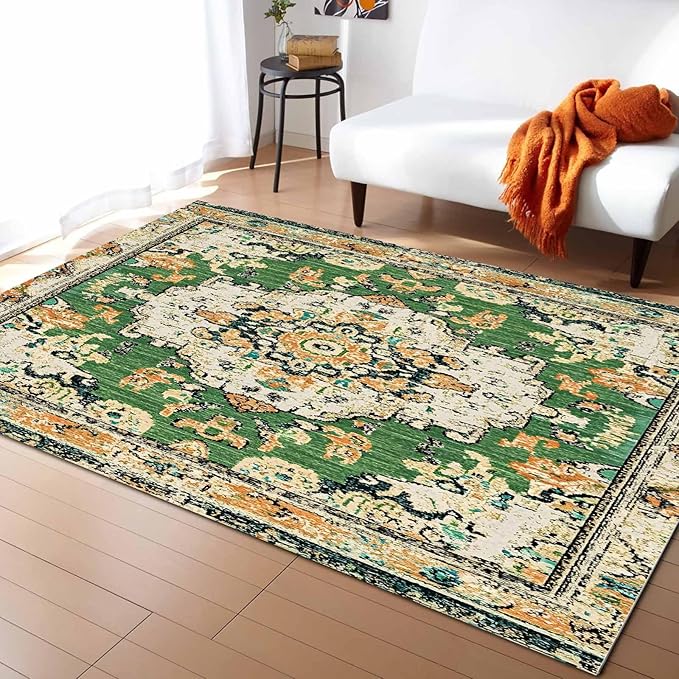 Bohemian Pattern Rectangular Area Rugs for Living Room Bedroom 3 x 5 ft Green & Orange Abstract Non-Shedding Soft Low Pile Rug Non Slip Washable Rug for Nursery Entryway Playroom