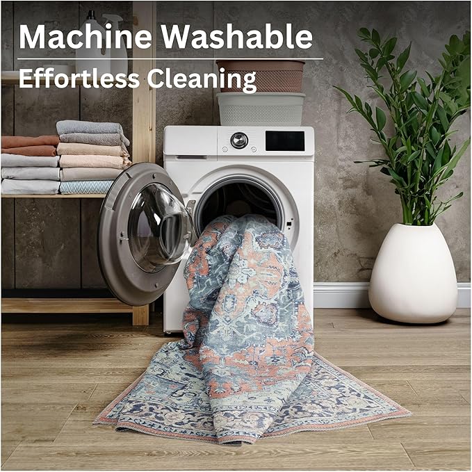 Bloom Rugs Washable Non-Slip 9' x 12' Rug - Coral/Blue Traditional Medallion Area Rug for Living Room, Bedroom, Dining Room, and Kitchen - Exact Size: 9' x 12'