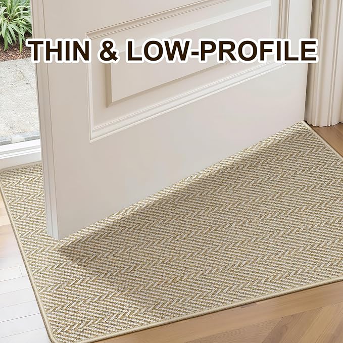 Ultra Thin Door Mat Indoor Entrance 36"x59", Low-Profile Indoor Door Mat, Large Non Slip Entry Mat Rubber Backing Unique Herringbone Design Inside Doormat Dirt Trapper Entryway Mats, Beige
