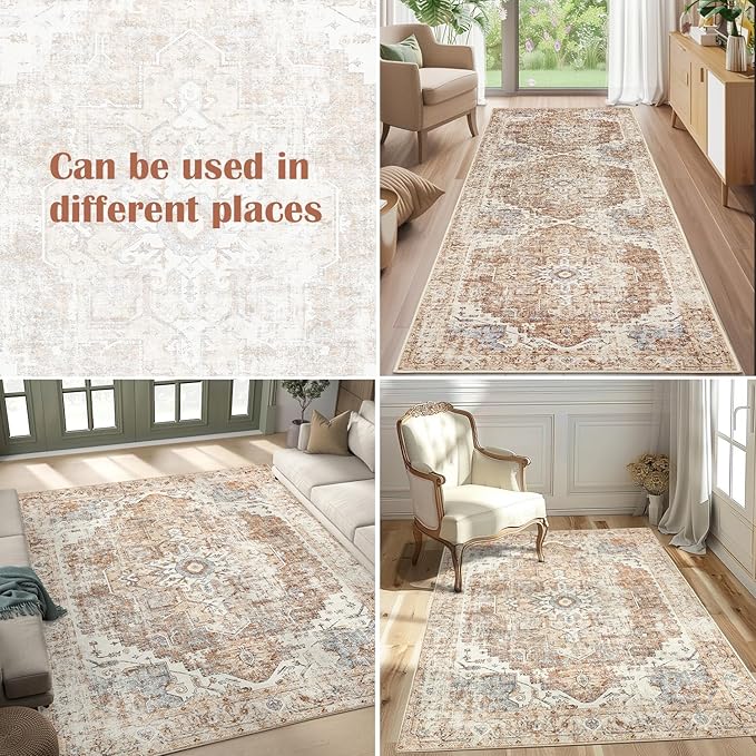 jinchan Kelda Runner Rug 2x10 Hallway Rug Washable Runner Vintage Mat Retro Lightweight Non-Slip Floor Cover Distressed Thin Carpet for Entryway Bathroom Bedroom Laundry Room Stairway Brick Red
