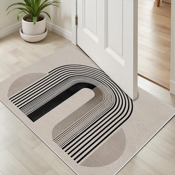 Modern Washable Rug for Living Room 6x8, Boho Abstract Striped Area Rugs, Soft Non Slip Low Pile Farmhouse Carpet for Bedroom Dining Room Kitchen, Stain Resistant, Pet Friendly, Beige Black