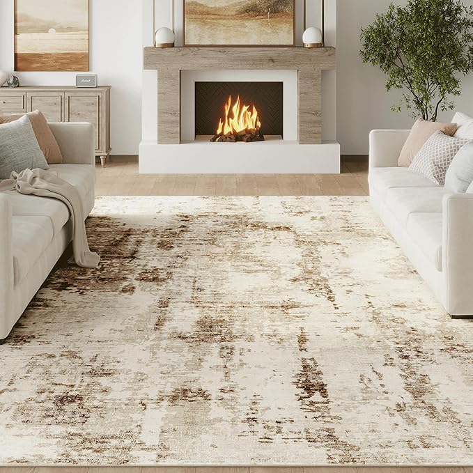 FMFUNCTEX 10x12 Washable Abstract Area Rug Brown Beige Neutral Modern Large Non Slip Carpet for Living Room Bedroom Soft Accent Low Pile Indoor Mat Accent Throw Rug for Dining Kitchen Office Nursery
