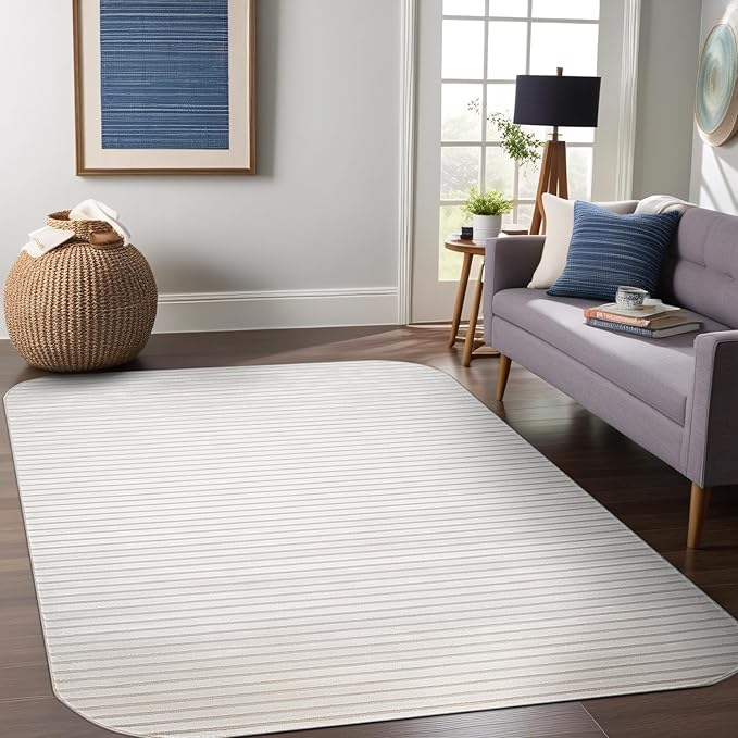 Beverly Rug Modern Geometric Area Rug 8x10 Low-High Pile Durable Soft Abstract Striped Indoor Rugs for Living Dining Room Office Stain Resistant Non Shedding Casual Indoor Carpet Beige White 8 x 10