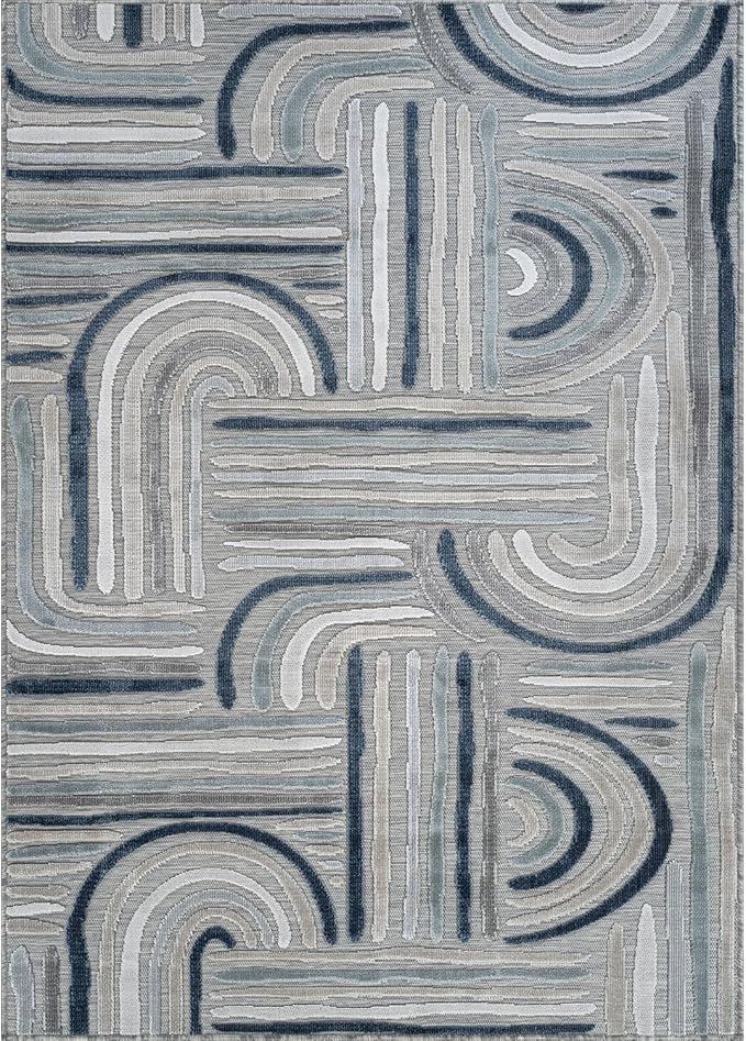 CAMILSON Indoor Outdoor Rug, Blue 8x10 Geometric Arch Striped Area Rugs for Patio and Home Areas, Easy-Cleaning Non-Shedding Living Room, Garden and Deck Washable Outside Carpet (8 x 10)