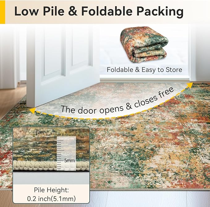 Washable Area Rugs 5'x7' Non-Slip Modern Abstract Soft for Living Room Entryway Bedroom Nursery, Print Pattern, Green Orange Rust Red Cream Colorful