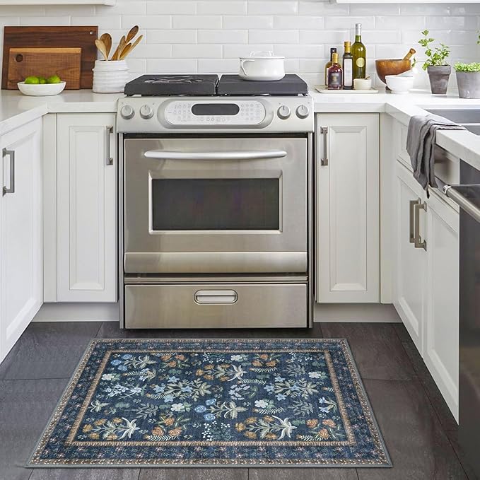 Boho Entryway Rug 2x3 Washable, Navy Floral Kitchen Rug, Super Thin Faux Wool Small Area Rug, Non-Slip Soft Carpet for Foyer, Bedroom, Office