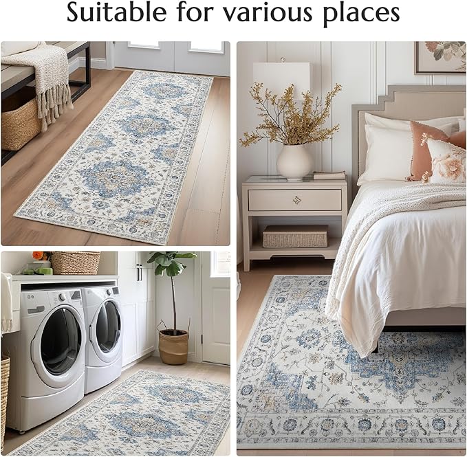 jinchan Runner Rug 3x10 Vintage Hallway Runner Boho Washable Rug Floral Medallion Retro Non Slip Classic Thin Soft Carpet for Kitchen Bedroom Bathroom Laundry Room Doorway Blue