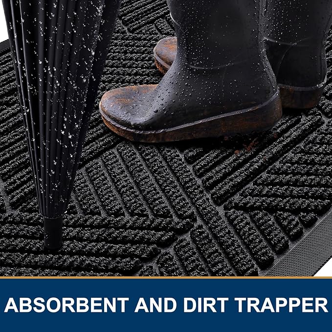 Kitinjoy Front Door Mat Outside Entrance, Sturdy Natural Dirt Trapper, Heavy Duty Rubber Doormat, Low Profile Non-Slip Backing, Easy Clean Floor Mat for Indoor Outdoor Entry, 35X23 Inch, Black