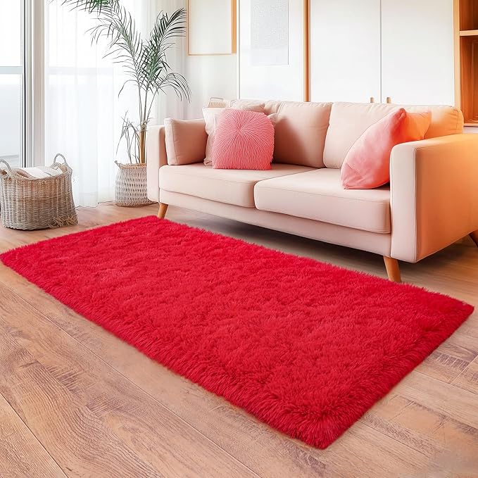 Red Runner Rug for Hallway, Bedroom Bedside Plush Rugs, Non Slip Fluffy Shaggy Carpet for Kids Home Decor, Dorm Nursery 2x6 Ft