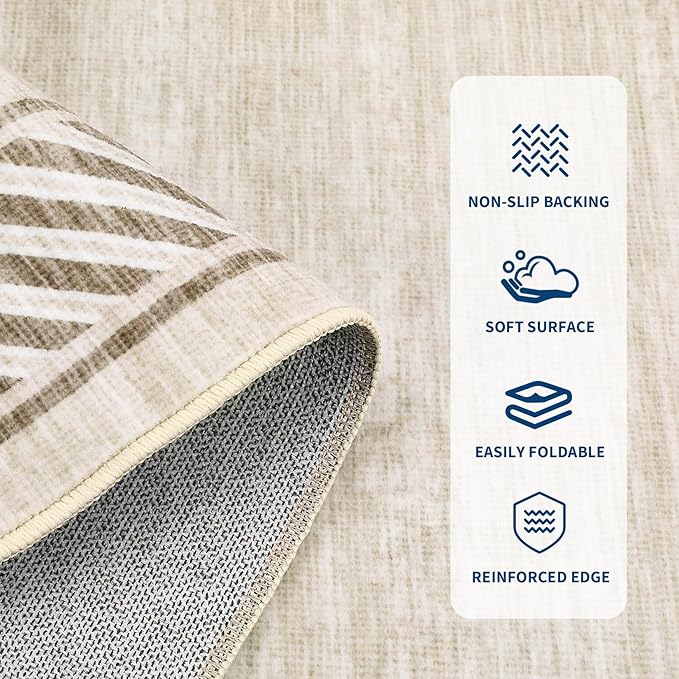 GarveeHome Modern Rugs for Living Room 8x10 Large Bordered Floor Mats with Non-Slip Backing, Stain-Resistant Bedroom Carpet, Foldable Geometric Indoor Rug for Dining Room, Kitchen, Beige