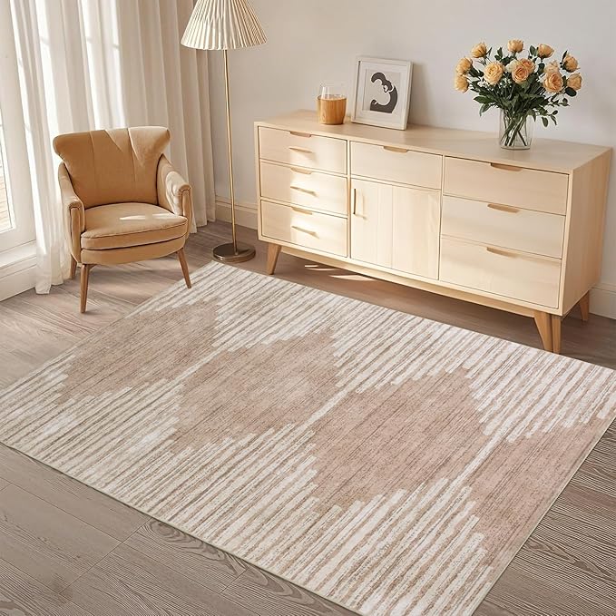 HelloTree Area Rug for Living Room 5x7 Washable Geometric Moroccan Rug Stripe Farmhouse Bohemian Minimalistic Non Slip Non Shedding Ultra Thin Soft Rug for Bedroom Office DiningRoom Nursery-Pink&Khaki