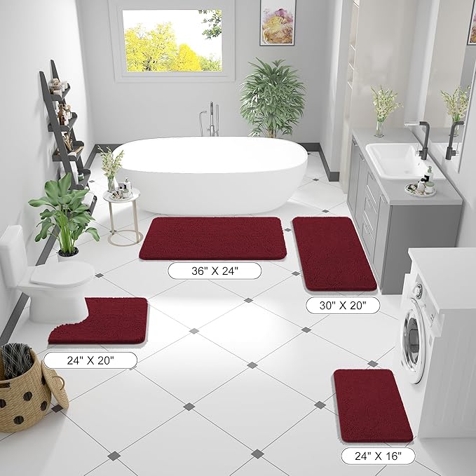 OLANLY Bathroom Rugs 47x24, Extra Soft Absorbent Chenille Bath Rugs, Rubber Backing Quick Dry, Machine Washable Bath Mats for Bathroom Floor, Tub and Shower, Home Decor Accessories, Burgundy