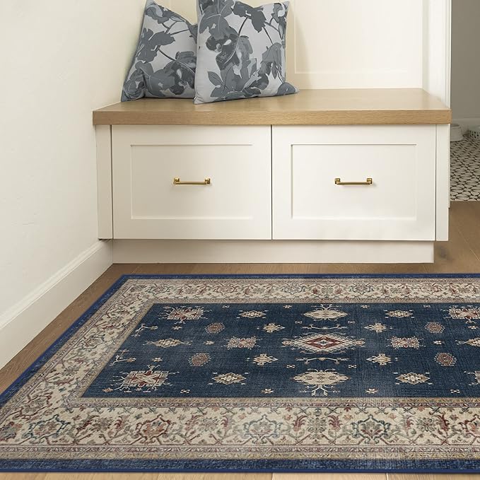RUGGABLE Washable Vintage Area Rug – Verena Sapphire 4x6, Stain-Resistant, Non-Slip – Medium Machine Washable Rugs for Living Room, Bedroom, Hallway, Entryway & Office–with Standard Pad