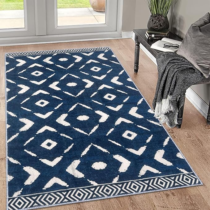 KILOCOCO Area Rug 3'x5' Rug for Entryway Washable Printed Bedroom Rugs Non Slip Boho Low-Pile Soft Rugs for Kitchen Dining Geometric Moroccan Carpet, Blue