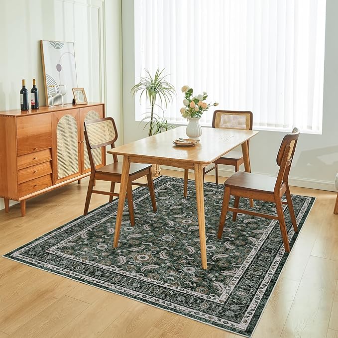 WITSHOCK Living Room Area Rugs 5x8: Soft Non-Slip Backing Washable Rugs Vintage Large Carpet for Bedroom Office Dining Room Kitchen Stain Resistant Home Decor Rug, Dark Green