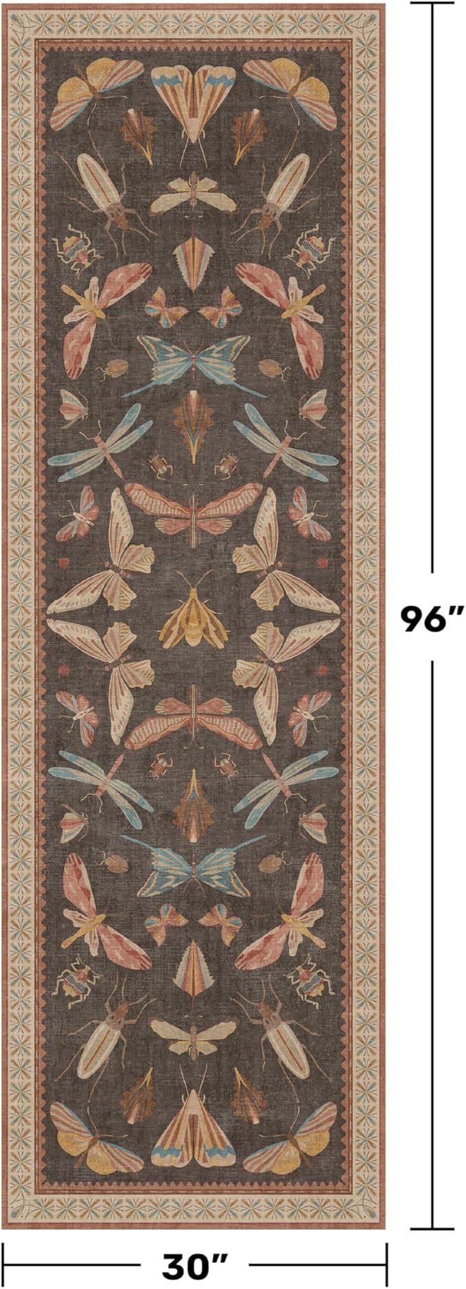 2'6"x8' 8ft Long Hallway Runner Rug, Stain Resistant Non-Slip Kitchen Floor Mats, Boho Front Door Rug Indoor Entrance, Whimsical Insect Moth Décor, Low Pile & Soft (Orange and Brown)
