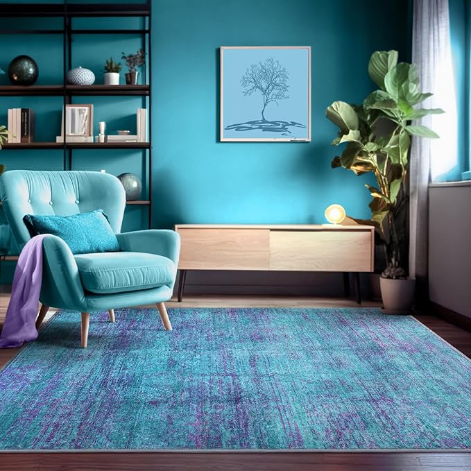 6x8 Area Rugs, Modern Abstract Teal Purple Washable Rug for Living Room, Soft Large Non-Slip Carpet for Bedroom Dining Room Home Office Farmhouse Decor - Teal+Purple