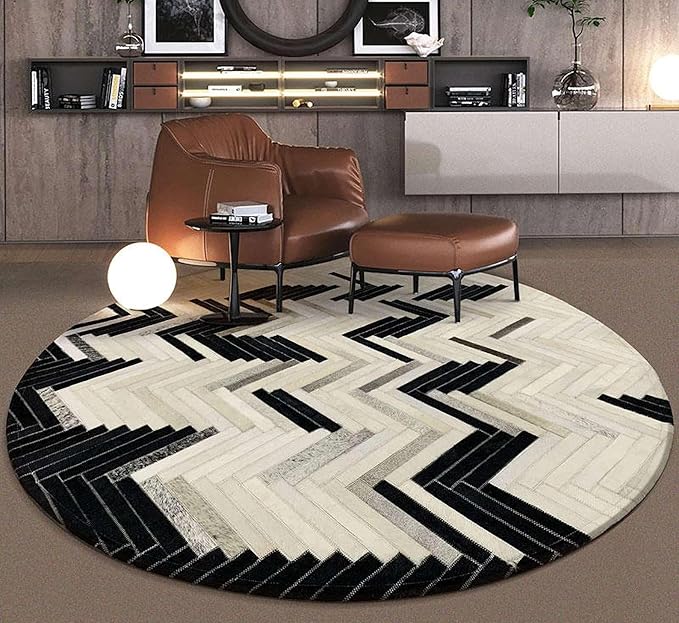 Round Cowhide Faux Leather Area Rug 10×10 ft – Black & White Modern Chevron Pattern Low Pile Carpet with Non-Slip Wool Backing, Soft Durable Living Room & Bedroom Accent Rug