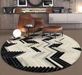 Round Cowhide Faux Leather Area Rug 8×8 ft – Black & White Modern Chevron Pattern Low Pile Carpet with Non-Slip Wool Backing, Soft Durable Living Room & Bedroom Accent Rug