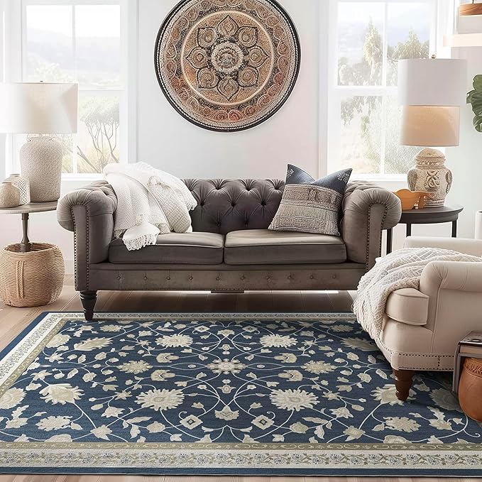 EVERGRACE Area Rugs for Living Room 8x10, Boho Floral Faux Wool Indoor Outdoor Rugs, Washable Rugs for Bedroom Dining Room Entryway Kitchen, Low Pile Floor Mat Carpet for Home Decor, Navy Blue