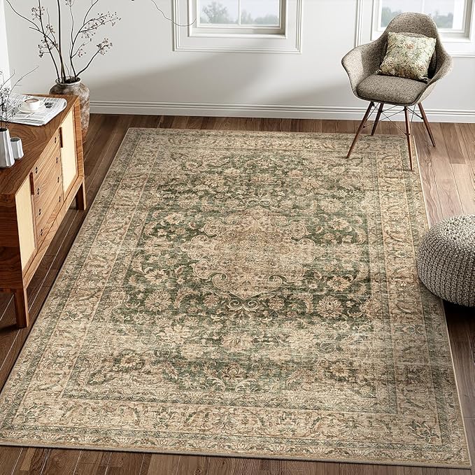 4x6 Washable Vintage Area Rug Green Brown Entryway Office Carpet Non-Slip Soft Low Pile Distressed Indoor Throw Rug for Living Room Bathroom Dining Room