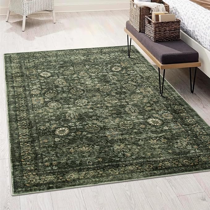 Morebes Washable Green 5x7 Area Rugs, Vintage Soft Bedroom Rug Non Slip, Non-Shedding Distressed Indoor Floor Throw Carpet for Bathroom Kitchen Living Dining Room Playroom Farmhouse Christmas Decor