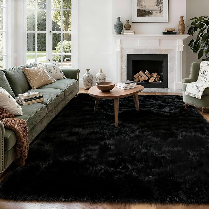 8x10 Solid Fluffy Black Area Rug – Washable, Durable, Extra Large Living Room Rug, Non-Slip High Pile Shag Rugs for Bedroom, Playroom, Nursery Rooms, Kids Room, Soft Indoor Floor Carpet Decor