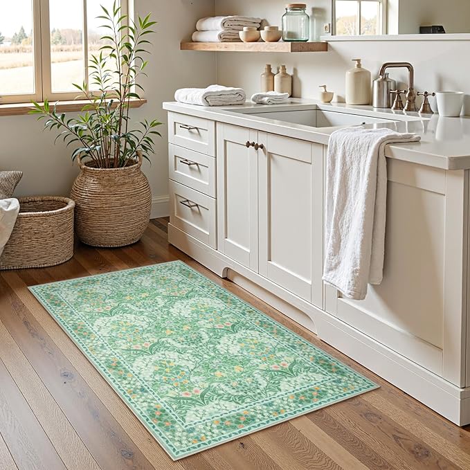 Lahome Floral Entryway Rug, 2x3 Kitchen Rugs Non Slip Washable Boho Green Forest, Soft Door Mat Indoor Entrance, Ultra-Thin Easy Clean Small Throw Carpet for Bedroom Bathroom, Sage Green