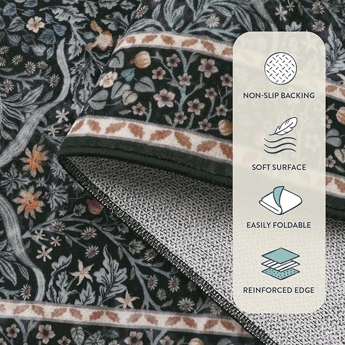 Lahome Floral Washable Kitchen Runner Rug, 2x6 Runners for Hallways Non Slip Ultra-Thin, Boho Soft Hallway Rug Forest Stain Resistance Black Carpet for Bedroom Bathroom Laundry Room, Black