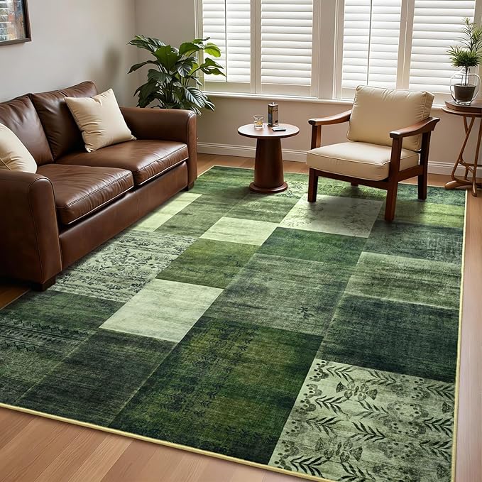 DweIke Large Modern Washable Area Rugs 8x10, Living Room Rug Non-Slip and Non-Shedding Large Rugs for Bedroom, Low Pile Indoor Rubber Backed Carpets for Dining Office Home Decor, Green