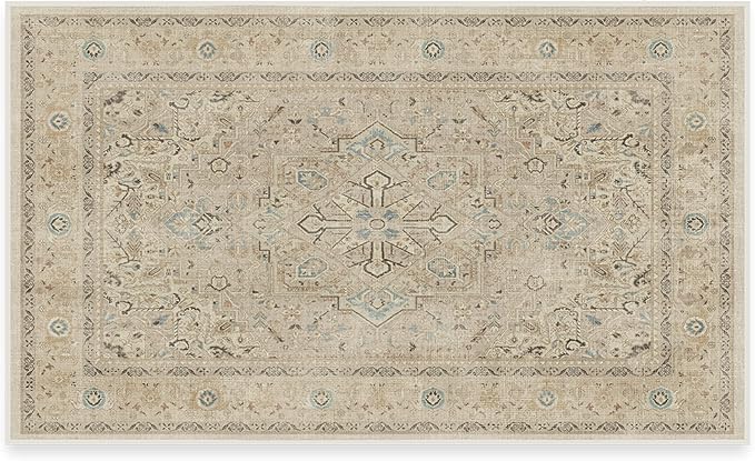 RUGGABLE Washable Vintage Area Rug – Kamran Ivory Opal 3x5, Stain-Resistant, Non-Slip – Small Machine Washable Rugs for Living Room, Bedroom, Hallway, Entryway & Office–with Standard Pad