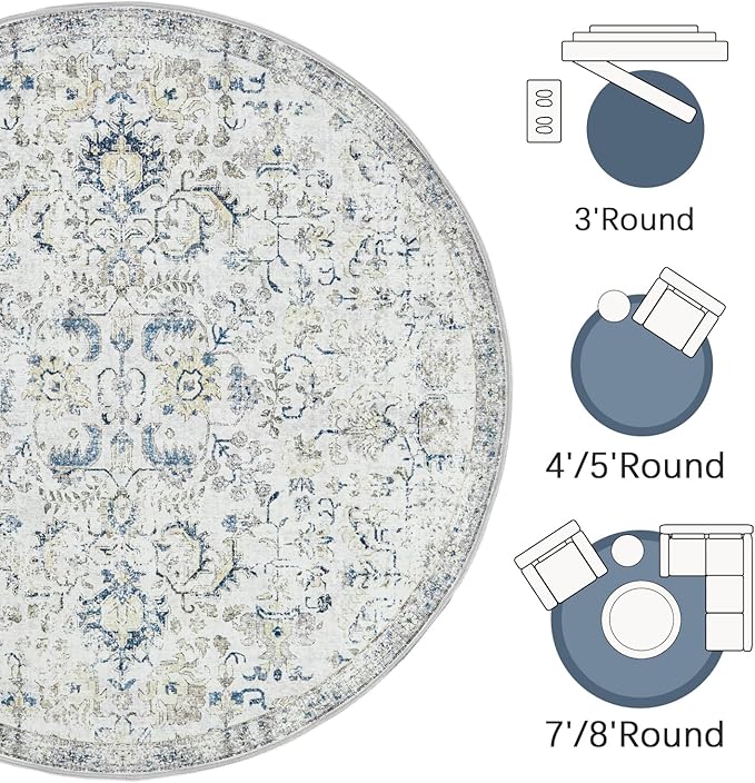 jinchan Kalen Round Rug 5ft Area Rug Entryway Washable Vintage Indoor Retro Floor Cover Distressed Floral 5' Round Circle Boho Non Slip Thin Carpet for Kitchen Bedroom Living Room Dining Room Blue