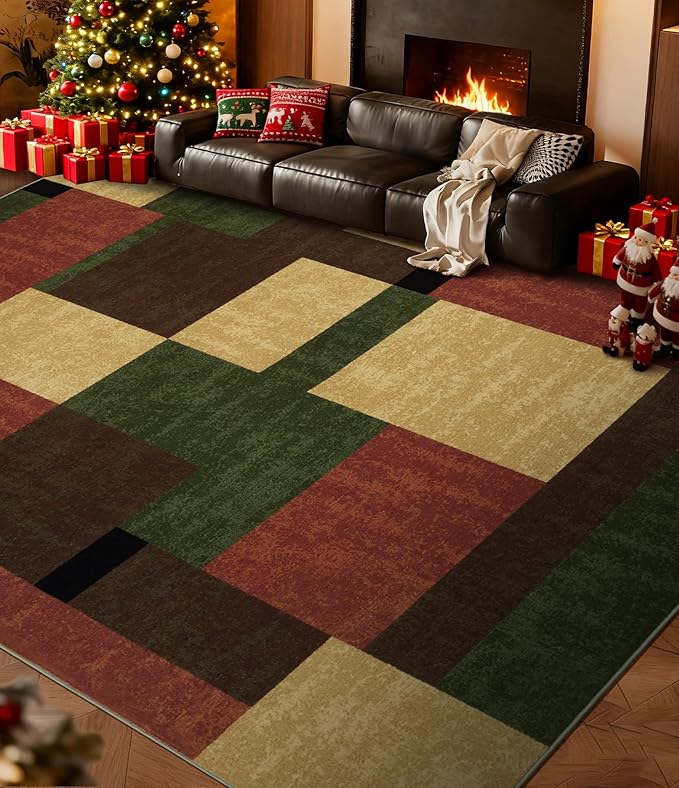 YIHOUSE Red and Green Rug 8x10, Burgundy Farmhouse Vintage Rugs Washable for Living Room,Burnt Orange Area Rug Non Slip,Geometric Boho Area Rug for Kitchen,Dining Room,Bedroom