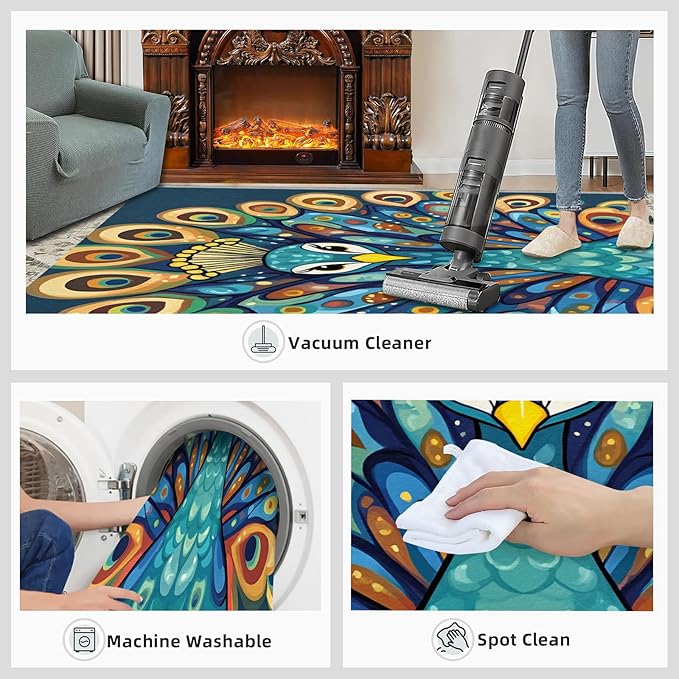 Boho Peacock Rugs for Living Room - 8x10 Rug, Peacock Decor Area Rugs for Bedroom, Teal Turquoise Rug, Modern Style Washable Carpet, Aesthetics Carpet - Peafowl Home Decor & Gifts