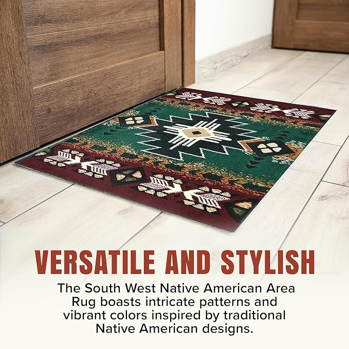 YHSF South West Native American Area Rug C318 - Easy Clean, Thick, Soft, Durable Native Tribal American Indian Inspired Rug for Bedroom/Living Room and More - Hunter Green, 5 Feet x 7 Feet