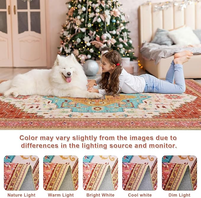 6x9 Orange Pink Area Rug for Living Room, Machine Washable Rugs with Non-Slip Backing for Bedroom, Vintage Medallion Carpet Dining Room Office Kids Room Decor