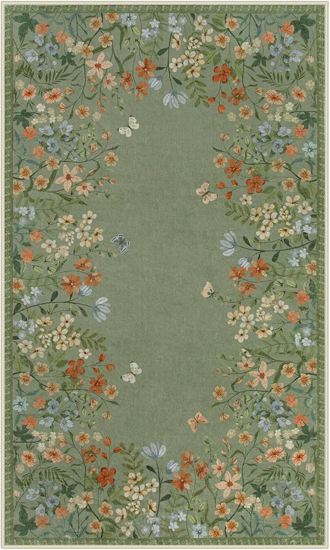 Lahome Boho Floral 3x5 Washable Rugs for Entryway Soft Rug for Bedroom,Green Kitchen Rugs Non Slip Washable,Indoor Carpet Throw Carpet for Bathroom Laundry Living Room Foyer(Green,3x5)