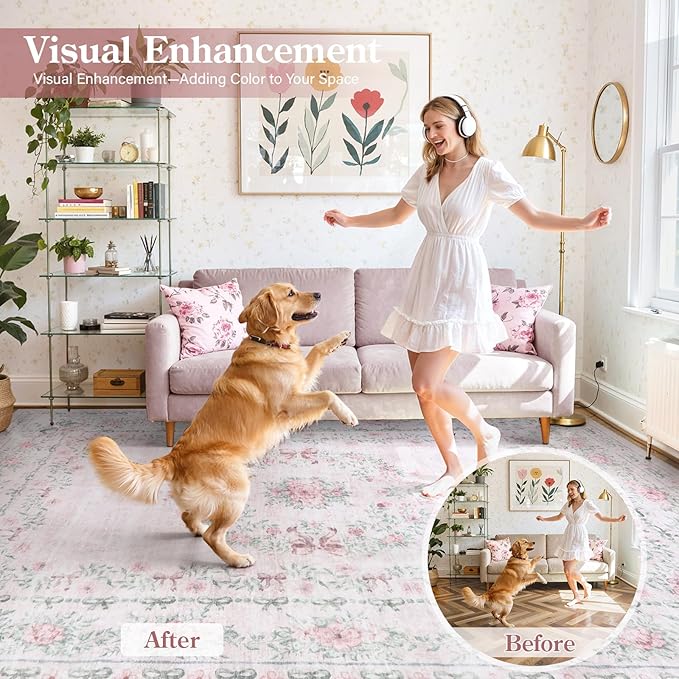 Wonnitar Floral Bow Print 8x10 Area Rugs, Washable Pink Rugs for Bedroom Girls, Boho Ultra-Thin Soft Non Slip Carpet for Nursery Living Room Kids Room Classroom Decor, Light Pink