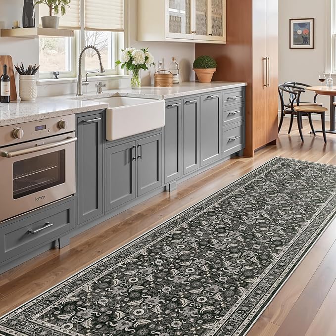 WITSHOCK Black Boho Washable 3x8 Kitchen Runner Rug,Vintage Neutral Hallway Rugs for Entryway,Soft Distressed Floor Mat for Bedroom,Entrance,Indoor Back Door(Black,3x8)
