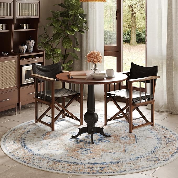 jinchan Round Rug 8ft Washable Area Rug Indoor Vintage Bedroom Floor Cover Distressed Circle Mat 8' Round Lightweight Non Slip Low Pile Thin Farmhouse Carpet for Living Room Dining Room Orange