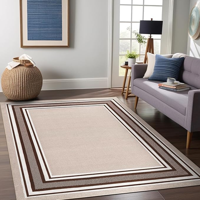 Beverly Rug Non Slip Area Rugs 3x5 Modern Bordered Non Skid Rubber Backing Soft Area Rug for Living Dining Room Easy to Clean Non Shedding Kitchen Bedroom Indoor Carpet 3 x 5 Beige-Brown