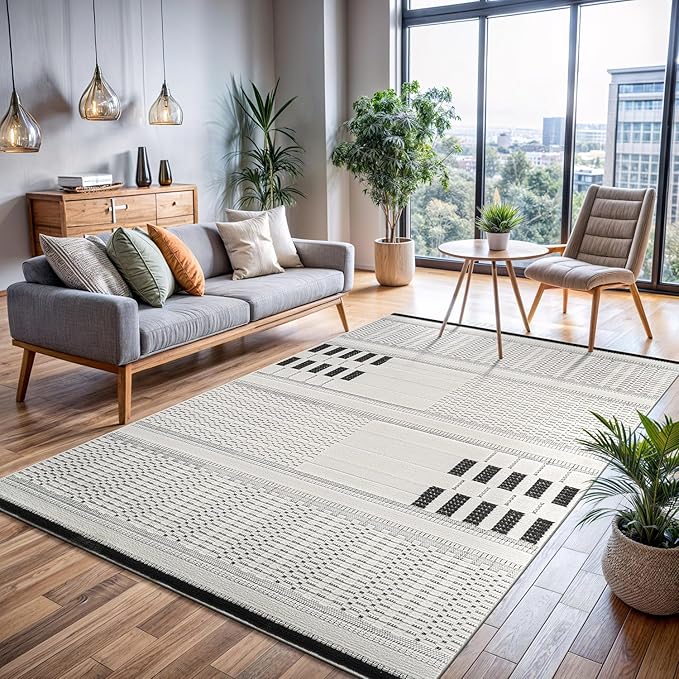CAMILSON Modern Rug 5x7 Luxury Geometric Pattern Micro Loop Area Rugs Soft High and Low Pile Stain Resistant Easy to Clean Non-Shedding Durable Living Room Kitchen Indoor Carpet (White/Black)