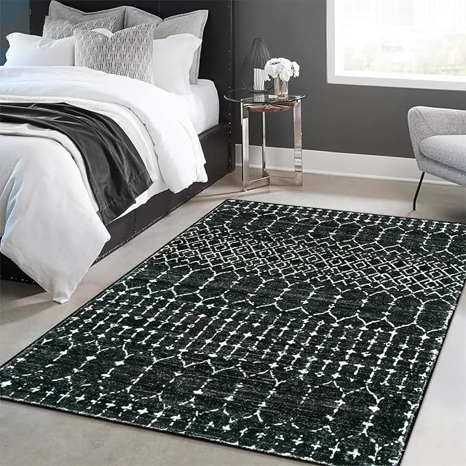 Lahome Moroccan Black Rug for Living Room Washable Area Rug 5x7 Non-Slip Ultra-Thin Soft Bedroom Rugs Large Stain Resistant Dining Room Rugs, Geometric Print Modren Carpet Rug for Office Entryway