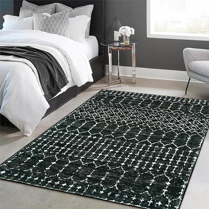 Lahome Moroccan Black Area Rug for Living Room 3x5 Non-Slip Washable Stain Resistant Large Kitchen Rugs Throw Low-Profile Soft Bedroom Carpet Geometric Print Distressed Rug for Entryway Dining Room