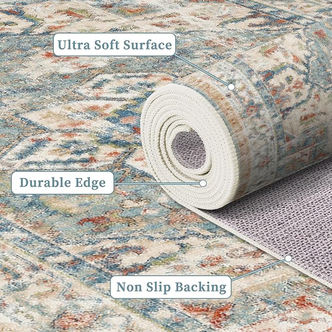 Enkor Area Soft Rugs 5x7 Washable Non Slip Boho Floor Rugs for Living Room Bedroom, Vintage Style Farmhouse Mat for Kitchen Entryway Beige & Green