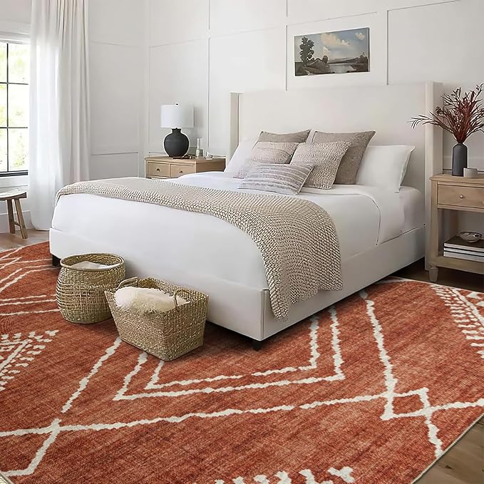 ReaLife Rugs Machine Washable Area Rug - Living Room Bedroom Bathroom Kitchen Entryway Office - Padded Low Pile Stain Resistant Premium - Moroccan Diamond Tribal - Jax - Orange 5' x 7'