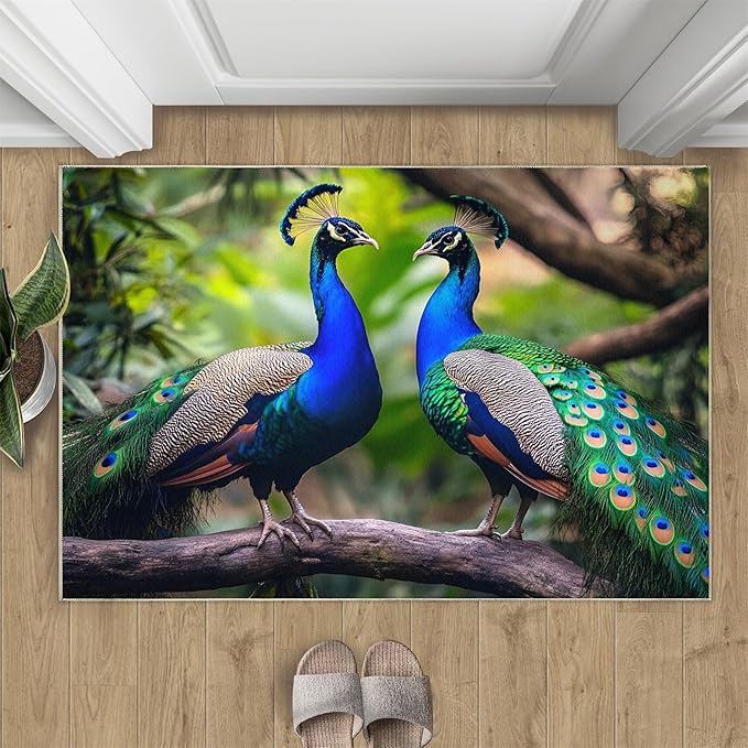 Peacock Rugs for Bedroom - 5x6 Rug, Peacock Couples Area Rugs for Living Room, Nature Carpet, Peafowl Washable Area Mat, Malachite Green Feather Carpet - Peafowl Home Decor & Gifts