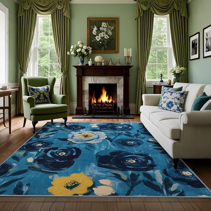 5x7 Camellia Floral Rugs, Modern Washable Flower Pattern Area Rug for Bedroom, Soft Large Non-Slip Kitchen Carpet Floor Door Mat for Living Room Dining Room Office - Navy Blue