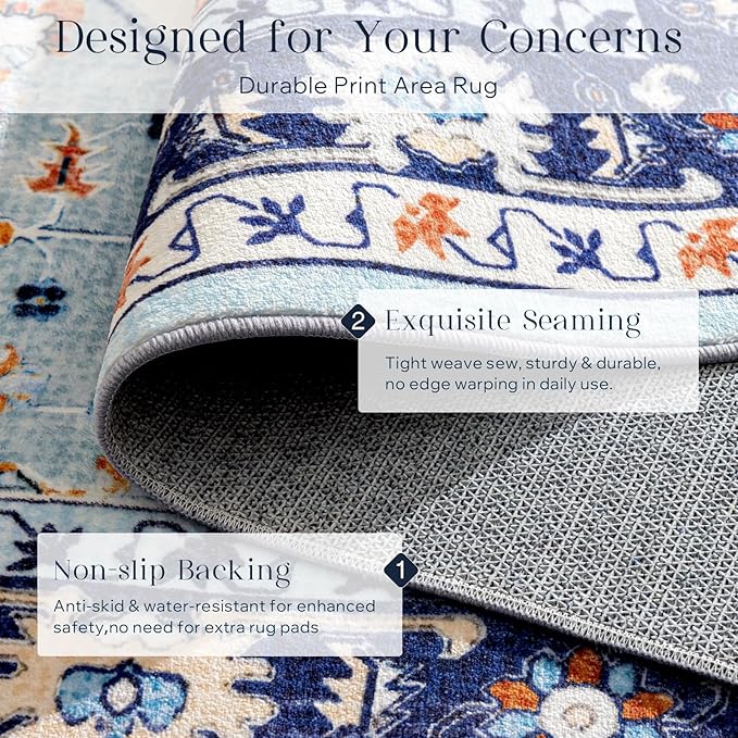 Phantoscope Washable Area Rug 5'x7' Non-Slip, Vintage Boho Rugs for Living Room, Bedroom, Dining Room, Medallion Persian Symmetrical Pattern, Low-Pile Foldable Floor Carpet, Ivory Blue/Orange